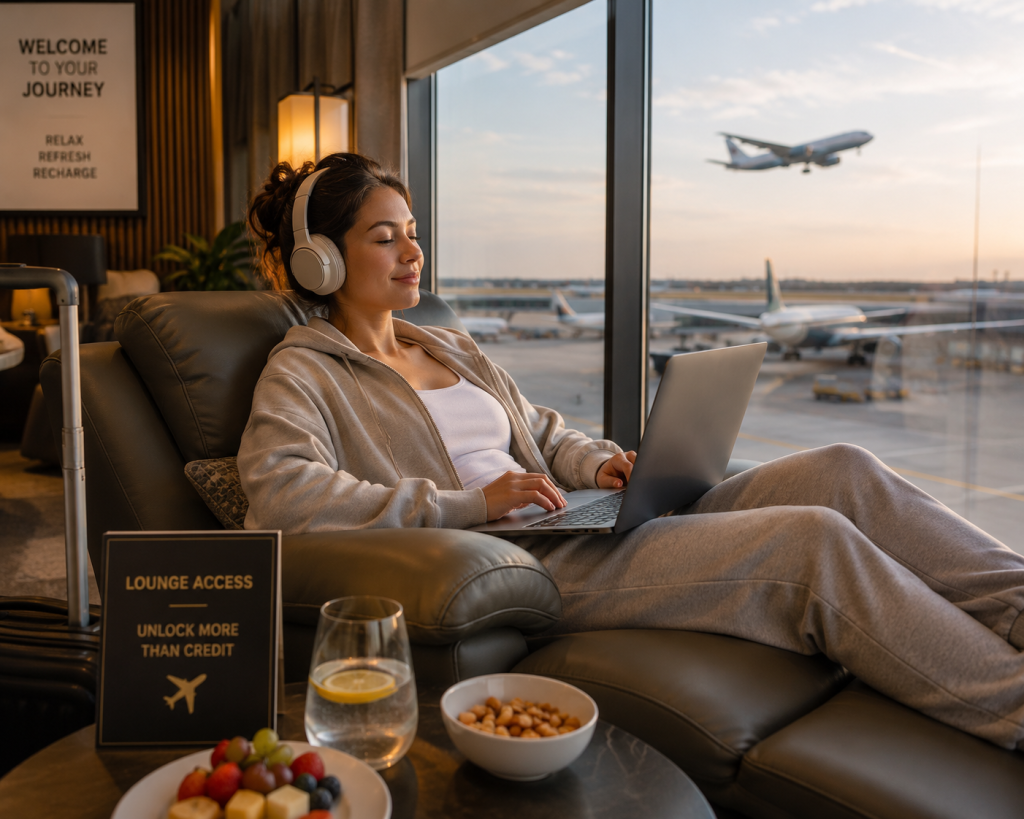 Traveler relaxing in an airport lounge using credit card travel rewards